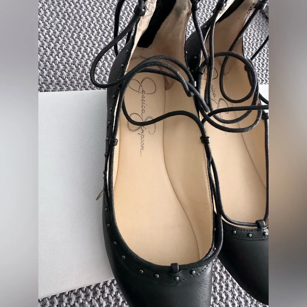 Jessica Simpson Black Pointed-Toe Lace-Up Stud Flats - Picture 4 of 11